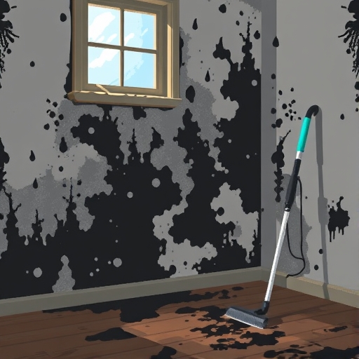Cleaning realistic black mold from a leaking basement walls next to a basement window that likely leaks when it rains and now has water damage including mold. Make the mold look realistic and on the floorboards but not on the ceiling or high up on the wall